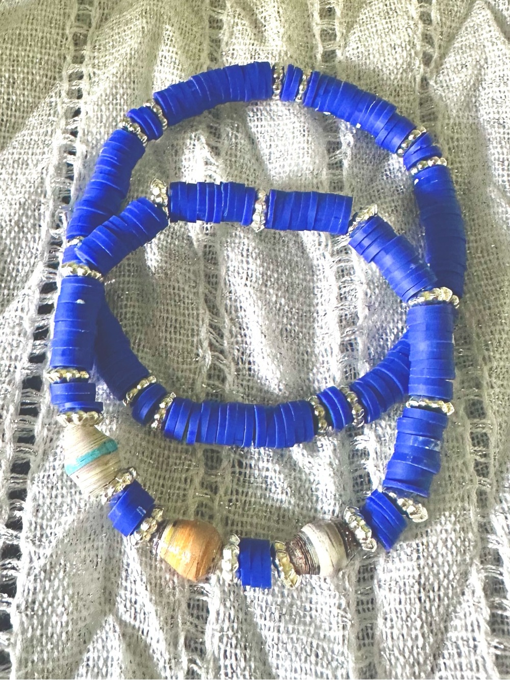 Blue and Multi-Colored Beaded Stretch Bracelet Set with Silver Accents